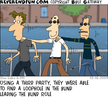 DESCRIPTION: Blind man, led by a non-blind man, leading a blind man