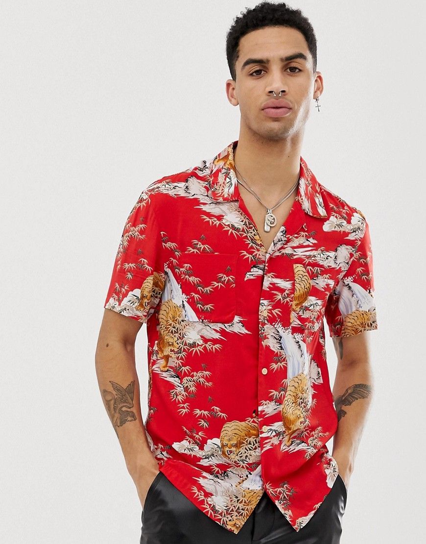 Allsaints Revere Collar Shirt With Tiger Print In Red Allsaints Revere Collar Shirt With Tiger Print In Red