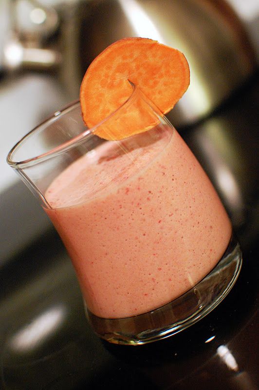 Strawberry-sweet potato smoothie Smoothie Recipes, Smoothies, Sweet Potato Smoothie, Pink Lady Apples, Purple Yam, Yellow Squash, Strawberry Smoothie, Flavored Water, Romaine Lettuce