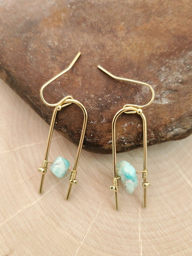 Geometric Handmade Gold Earrings Opalite Earrings Iridescent Crystal Earrings Jasper Earrings Amazonite Earrings Geometric Iridescent