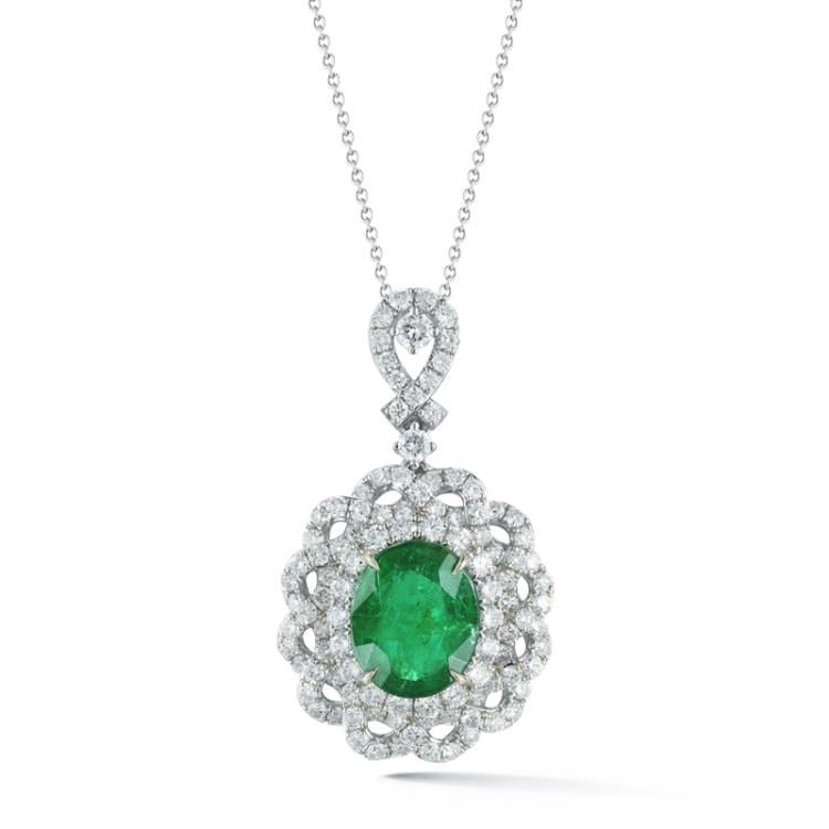 Emerald And Diamond Halo Pendant Necklace By Takat Delicate Accentuating Brilliant Green Center An - Green Emerald Diamond Halo Pendant Emerald And Diamond Halo Pendant Necklace By Takat Delicate Accentuating Brilliant Green Center An - Green Emerald Diamond Halo Pendant