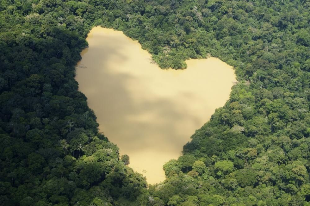 An Aerial View Of A Natural Lake Fed By A Spring In The Amazon