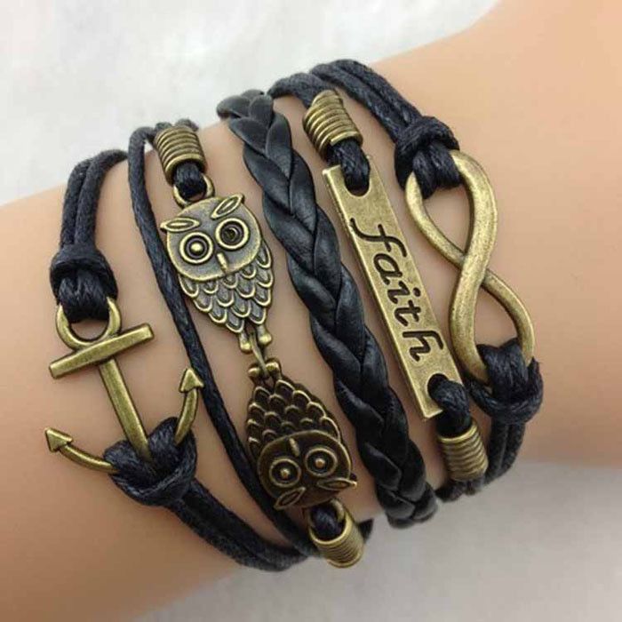 Handmade Infinity Vintage Friendship Brown Anchor Rudder Leather Black Bracelet Handmade Infinity Vintage Friendship Brown Anchor Rudder Leather Black Bracelet