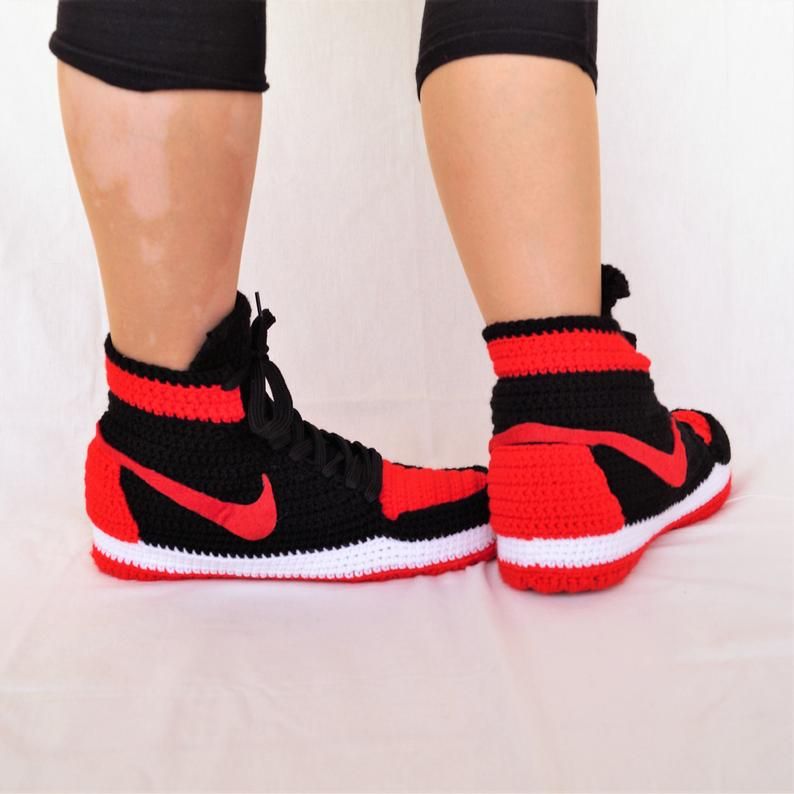 Crochet Air Jordan 1 Retro Home Shoe Air Jordan Basketball Etsy In 2021 Air Jordans Crochet Slippers Air Jordan Basketball Shoes