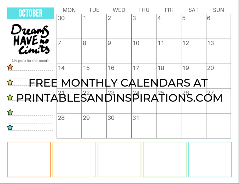 Free 2021 Monthly Goals Calendar Printable Printables And Inspirations Goal Calendar Calendar Printables Planner Printables Free october calendar 2021 with goals
