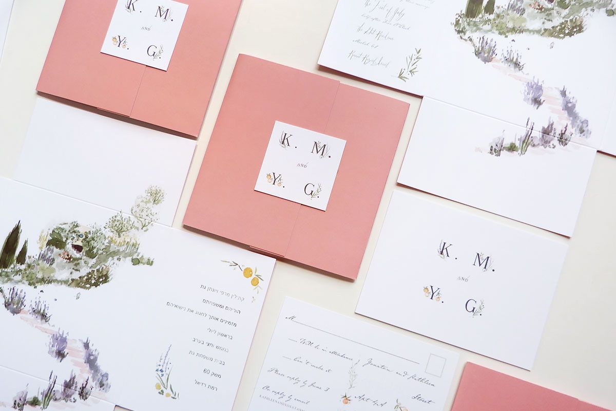 dusty pink wedding invitation square fold out format clasp