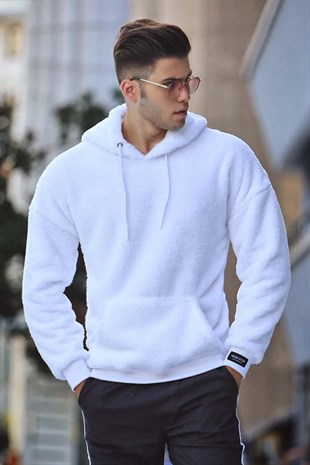 Kapsonlu Pelus Sweatshirt Beyaz 2847 Kapsonlular Erkek Kapsonlu Kapusonlu