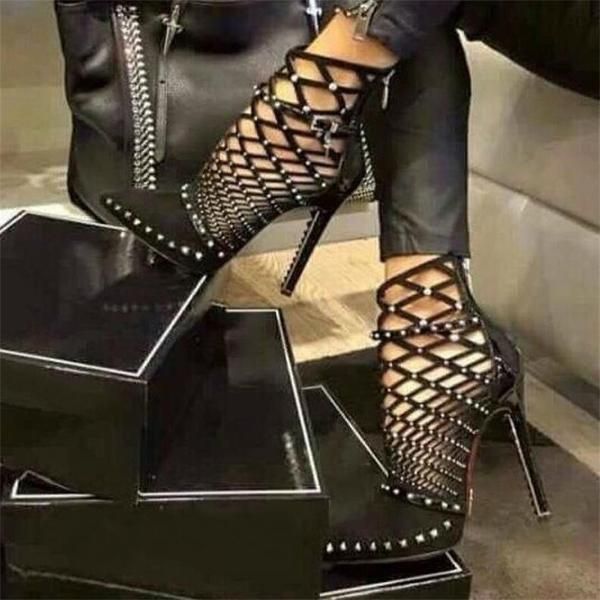 Women Black Shoes Rivets Stiletto Beige Ankle Boots Fashion Side Zip Mid Heels Women Black Shoes Rivets Stiletto Beige Ankle Boots Fashion Side Zip Mid Heels