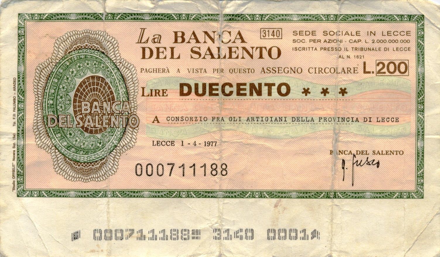 Miniassegno Banca Del Salento 200 Lire Lira Italiana Salento Papel Moneda