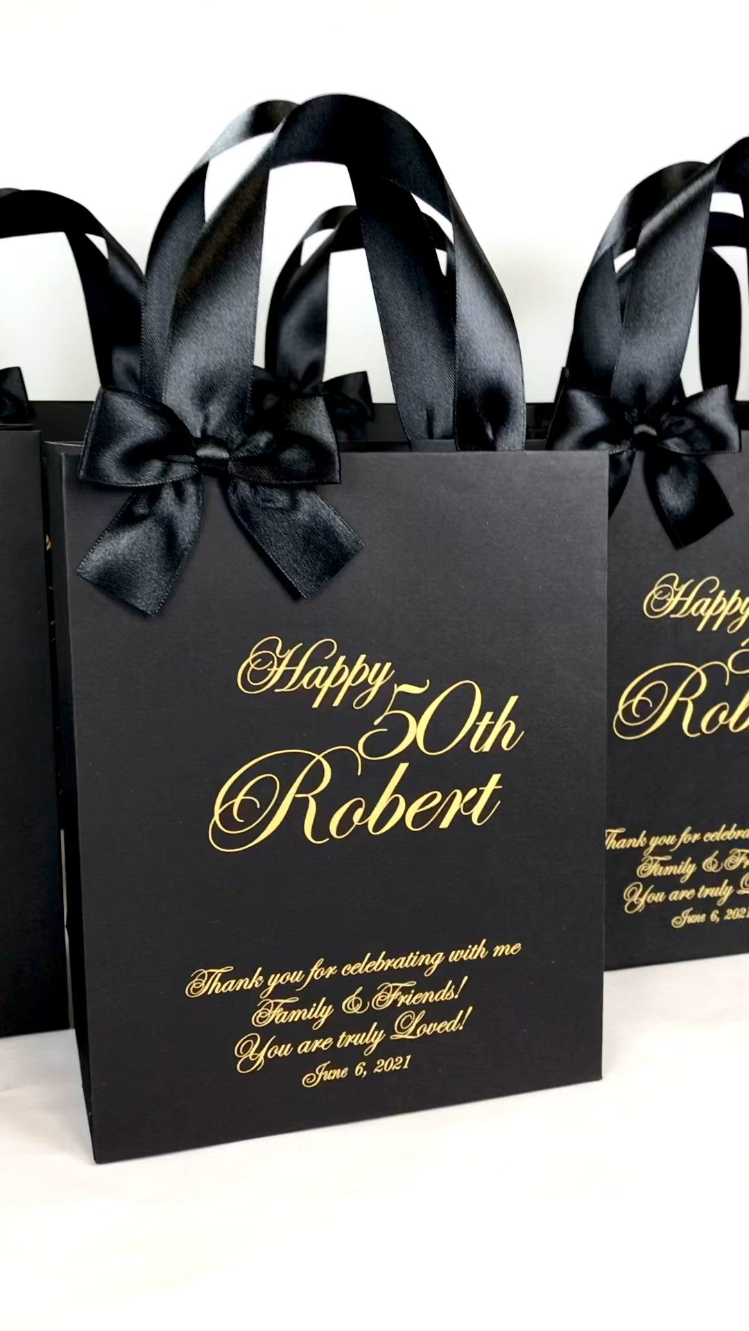 Birthday Party Favors. Elegant Black & Gold gift bags with satin ribbon